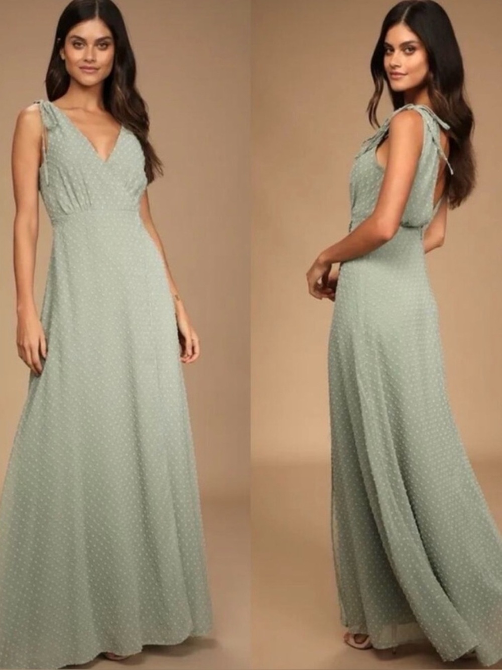 Lulu's Sage Green Romantic Swiss Dot Maxi Dress with Tie Shoulders
